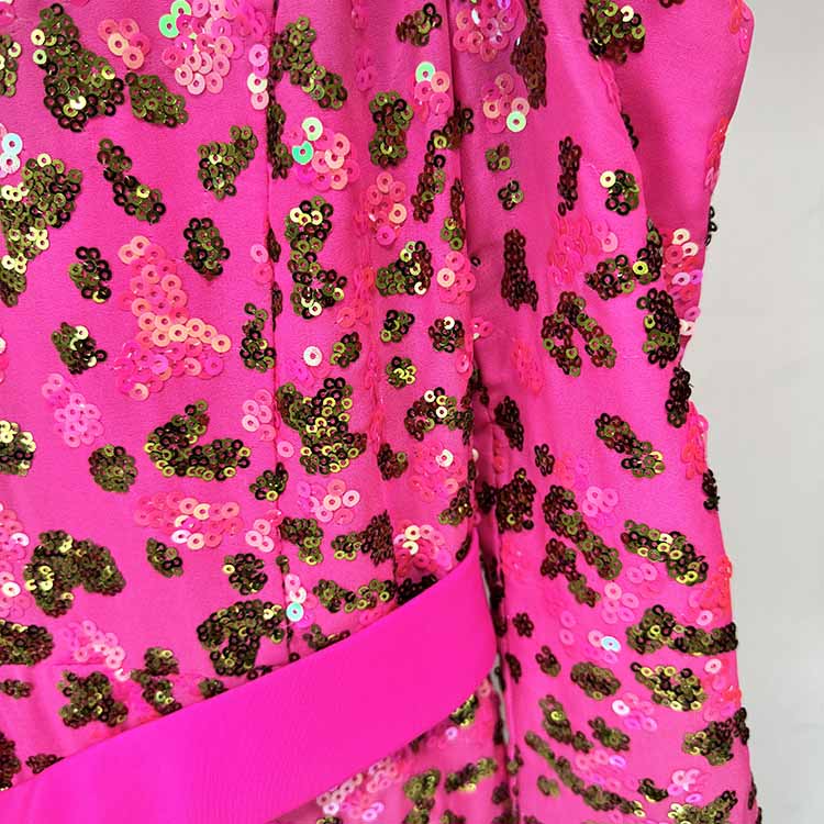 Pink Sequin Embellished Square-Neck Gown With Sleeves