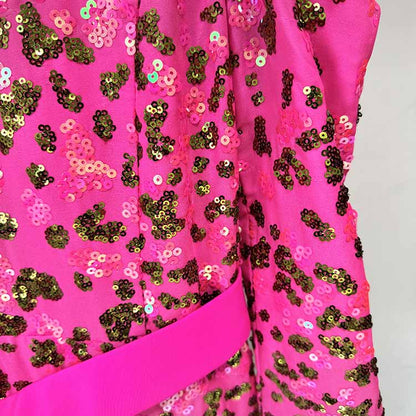 Pink Sequin Embellished Square-Neck Gown With Sleeves