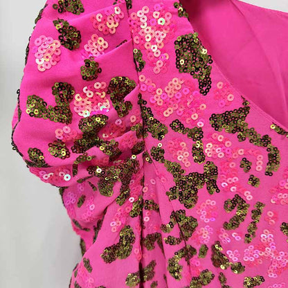 Pink Sequin Embellished Square-Neck Gown With Sleeves