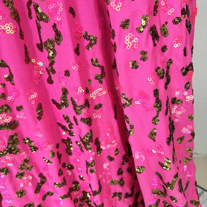 Pink Sequin Embellished Square-Neck Gown With Sleeves