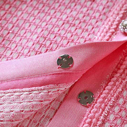 Women Tweed Two Pieces Pink Suit Short Sleeve Skirt Set