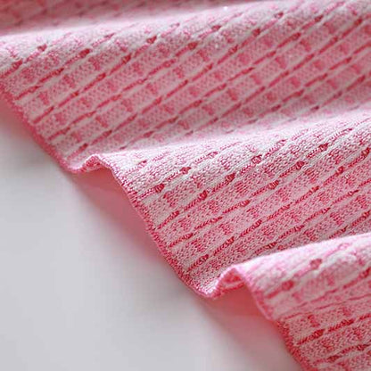 Women Tweed Two Pieces Pink Suit Short Sleeve Skirt Set