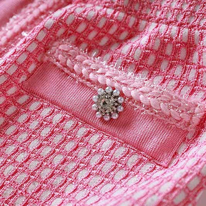 Women Tweed Two Pieces Pink Suit Short Sleeve Skirt Set