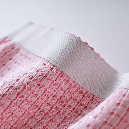 Women Tweed Two Pieces Pink Suit Short Sleeve Skirt Set