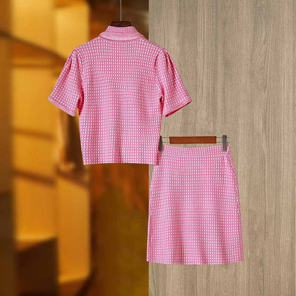 Women Tweed Two Pieces Pink Suit Short Sleeve Skirt Set