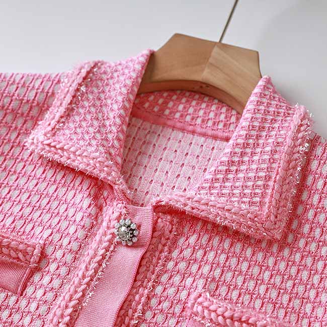 Women Tweed Two Pieces Pink Suit Short Sleeve Skirt Set