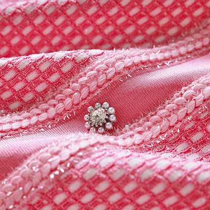 Women Tweed Two Pieces Pink Suit Short Sleeve Skirt Set