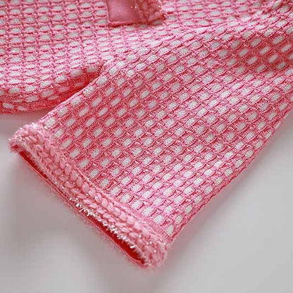 Women Tweed Two Pieces Pink Suit Short Sleeve Skirt Set