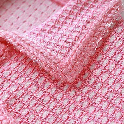 Women Tweed Two Pieces Pink Suit Short Sleeve Skirt Set