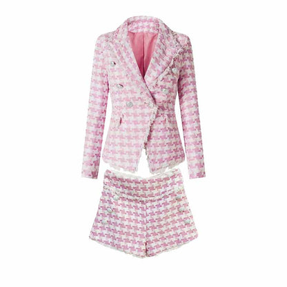 Women's Purple & White Tweed Houndstooth Luxury Fitted Double Breasted Blazer with Lion Buttons