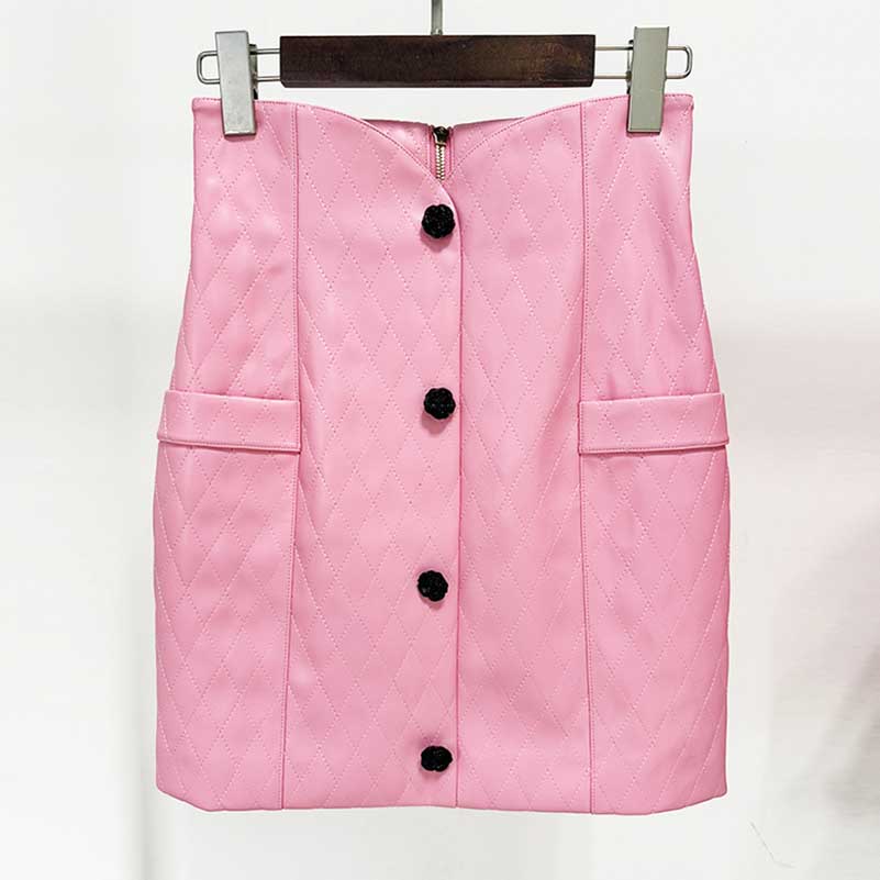 Pink Leather Embellished Cropped Jacket Long Sleeve Flower Detail Two Piece Mini Skirt Suit