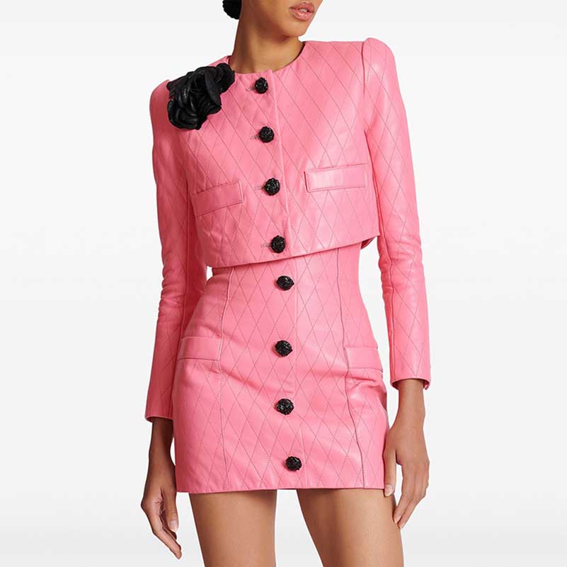 Pink Leather Embellished Cropped Jacket Long Sleeve Flower Detail Two Piece Mini Skirt Suit