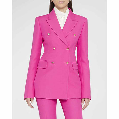 Women Hot Pink Double Breasts Blazer + Mid-High Rise Flare Trousers Suit Pantsuit Formal Suit