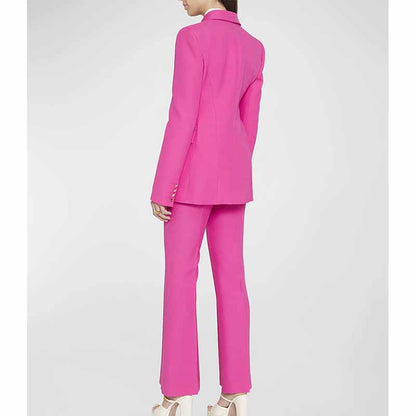 Women Hot Pink Double Breasts Blazer + Mid-High Rise Flare Trousers Suit Pantsuit Formal Suit
