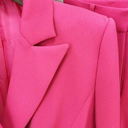 Women Hot Pink Double Breasts Blazer + Mid-High Rise Flare Trousers Suit Pantsuit Formal Suit
