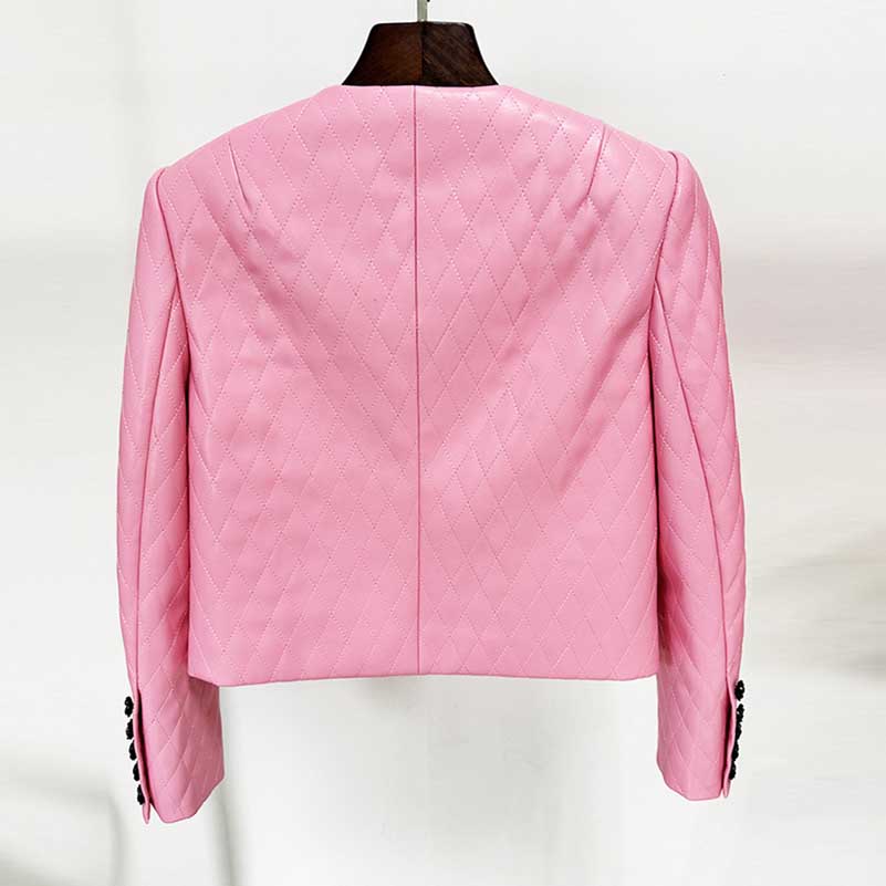 Pink Leather Embellished Cropped Jacket Long Sleeve Flower Detail Two Piece Mini Skirt Suit