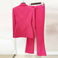 Women Hot Pink Double Breasts Blazer + Mid-High Rise Flare Trousers Suit Pantsuit Formal Suit
