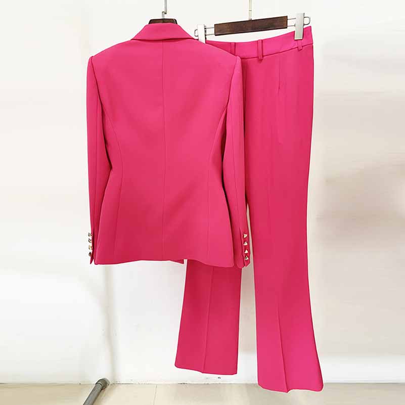 Women Hot Pink Double Breasts Blazer + Mid-High Rise Flare Trousers Su ...