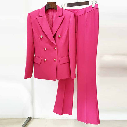 Women Hot Pink Double Breasts Blazer + Mid-High Rise Flare Trousers Su ...