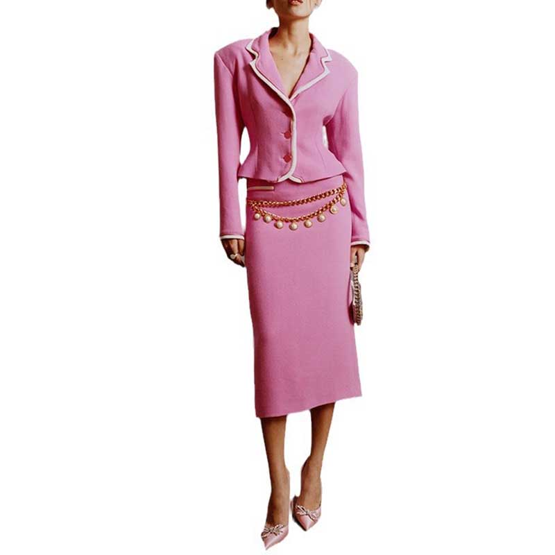 Women's Contrast Detail Short Crepe Blazer Jacket Midi Skirt Suit