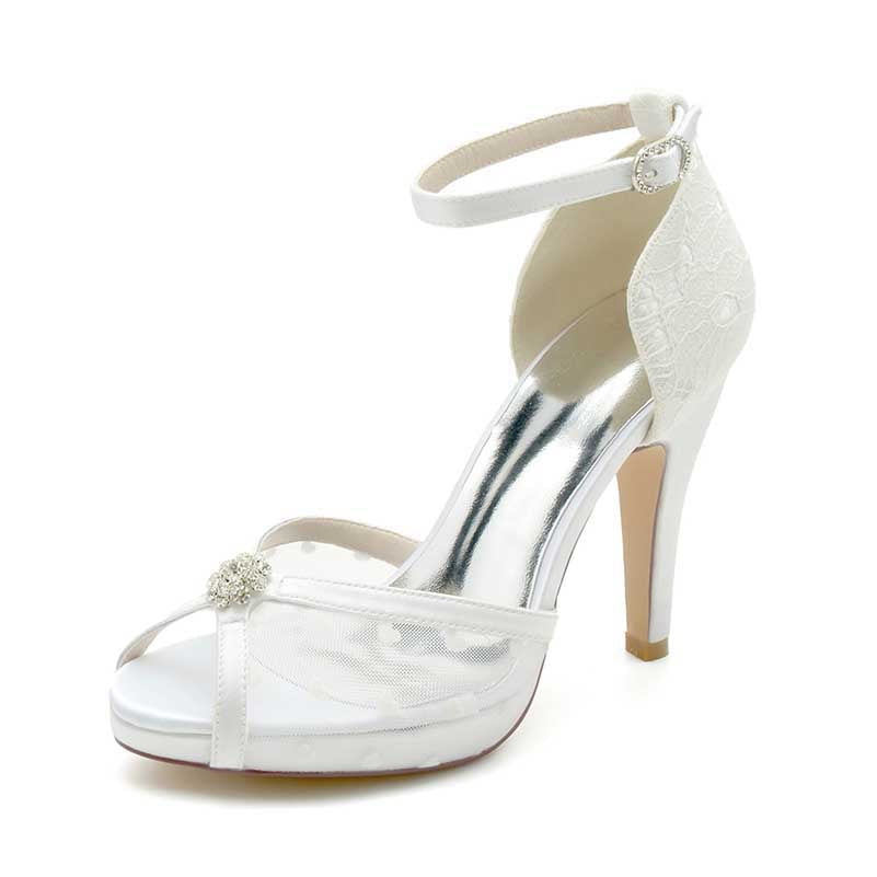 Elegant platform wedding shoes with lace and rhinestone featuring a stylish open toe design