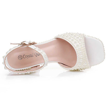 Platform Wedding Shoes Pearls Bridal Sandals Buckle Strap Chunky Heel Shoes