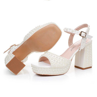 Platform Wedding Shoes Pearls Bridal Sandals Buckle Strap Chunky Heel Shoes