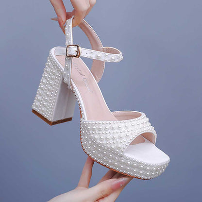 Platform Wedding Shoes Pearls Bridal Sandals Buckle Strap Chunky Heel Shoes