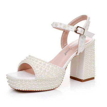 Platform Wedding Shoes Pearls Bridal Sandals Buckle Strap Chunky Heel Shoes