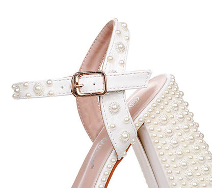 Platform Wedding Shoes Pearls Bridal Sandals Buckle Strap Chunky Heel Shoes