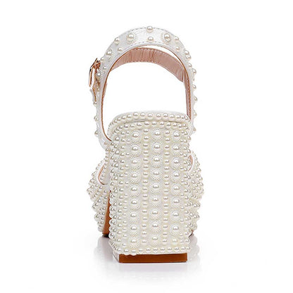 Platform Wedding Shoes Pearls Bridal Sandals Buckle Strap Chunky Heel Shoes