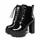 Women's Lace-Up Boots Block Heel Patent Ankle Boots