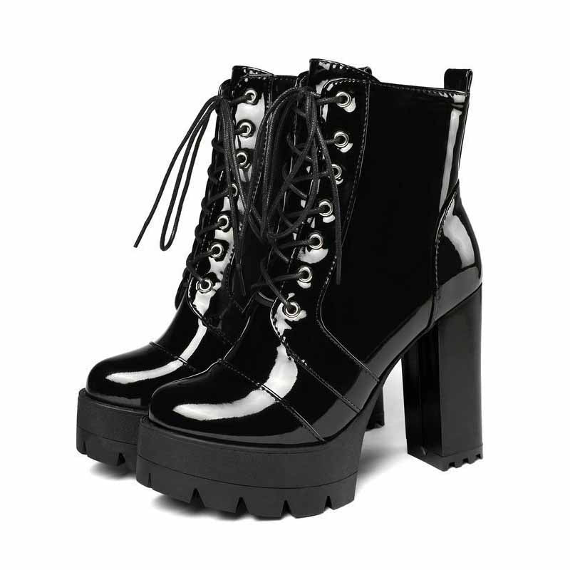 Women's Lace-Up Boots Block Heel Patent Ankle Boots