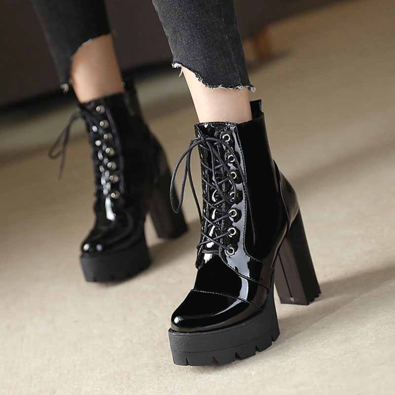 Women's Lace-Up Boots Block Heel Patent Ankle Boots