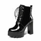 Women's Lace-Up Boots Block Heel Patent Ankle Boots