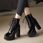 Women's Lace-Up Boots Block Heel Patent Ankle Boots