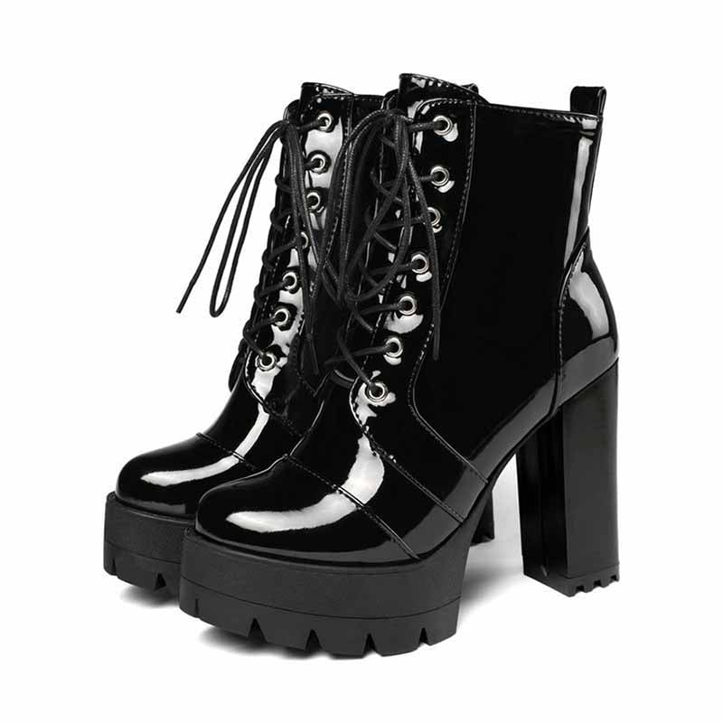 Women's Lace-Up Boots Block Heel Patent Ankle Boots