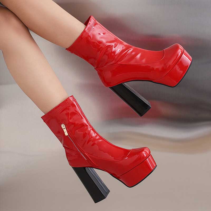 Women's Chunky Heel Platform Boots Patent Leather Ankle Boots