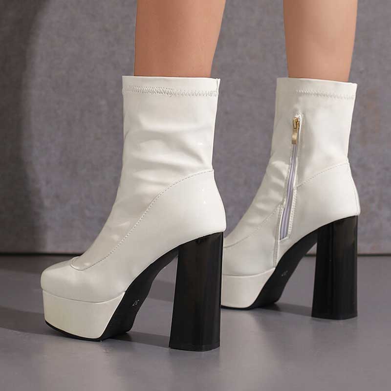 Women's Chunky Heel Platform Boots Patent Leather Ankle Boots