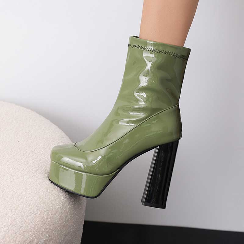 Women's Chunky Heel Platform Boots Patent Leather Ankle Boots