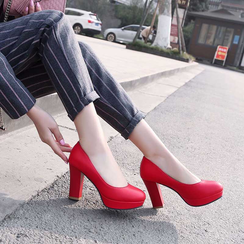 Platform Round Toe High Heel Pumps Chunky High Dress Shoes