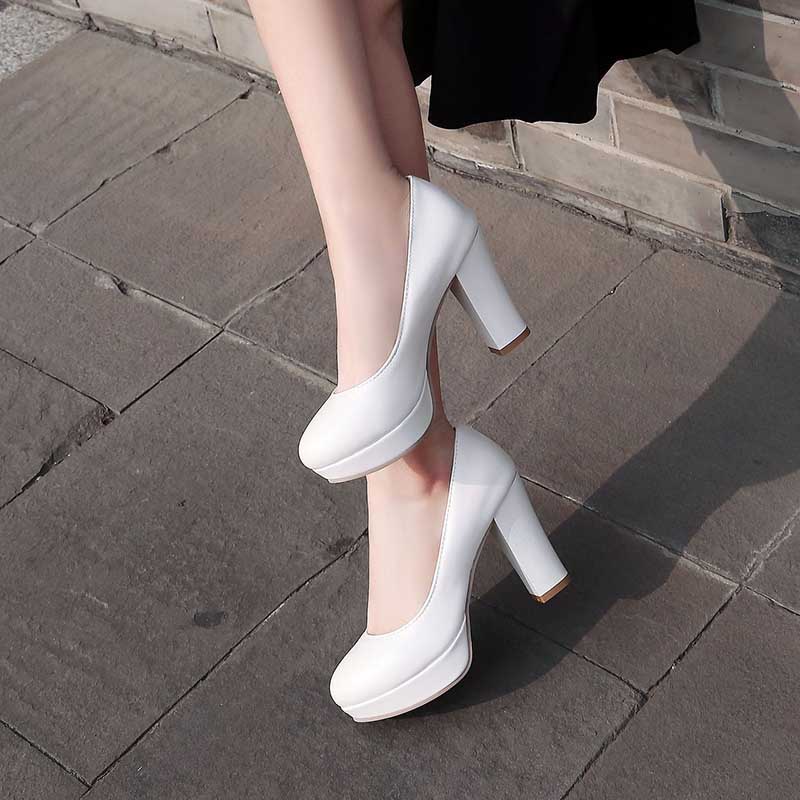 Platform Round Toe High Heel Pumps Chunky High Dress Shoes