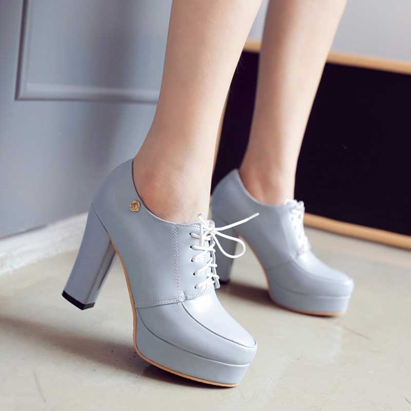 Womens Lace Up Platform Chunky Heel Round Toe Shoes