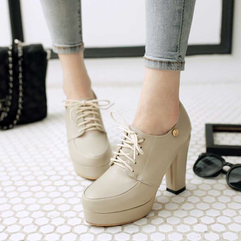 Womens Lace Up Platform Chunky Heel Round Toe Shoes