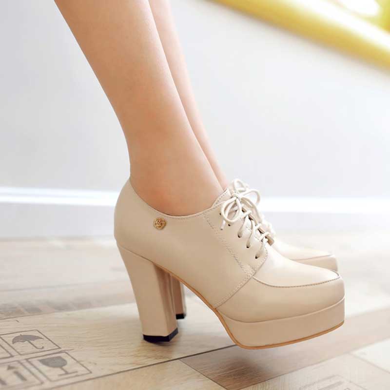 Womens Lace Up Platform Chunky Heel Round Toe Shoes