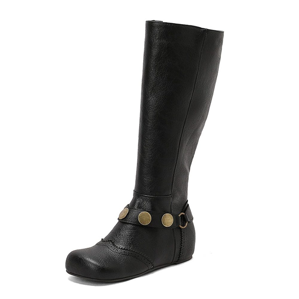 Black plus size knee-high wedge boots with decorative buckle details for comfortable wear
