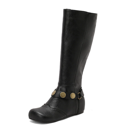 Black plus size knee-high wedge boots with decorative buckle details for comfortable wear