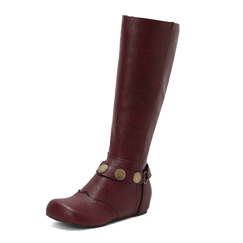 Burgundy plus size knee-high wedge boots with decorative button accents for stylish comfort