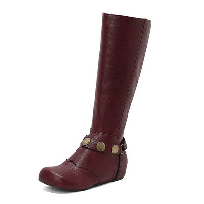 Burgundy plus size knee-high wedge boots with decorative button accents for stylish comfort