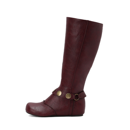 Burgundy plus size knee-high wedge boots with stylish buckle detail for comfortable wear